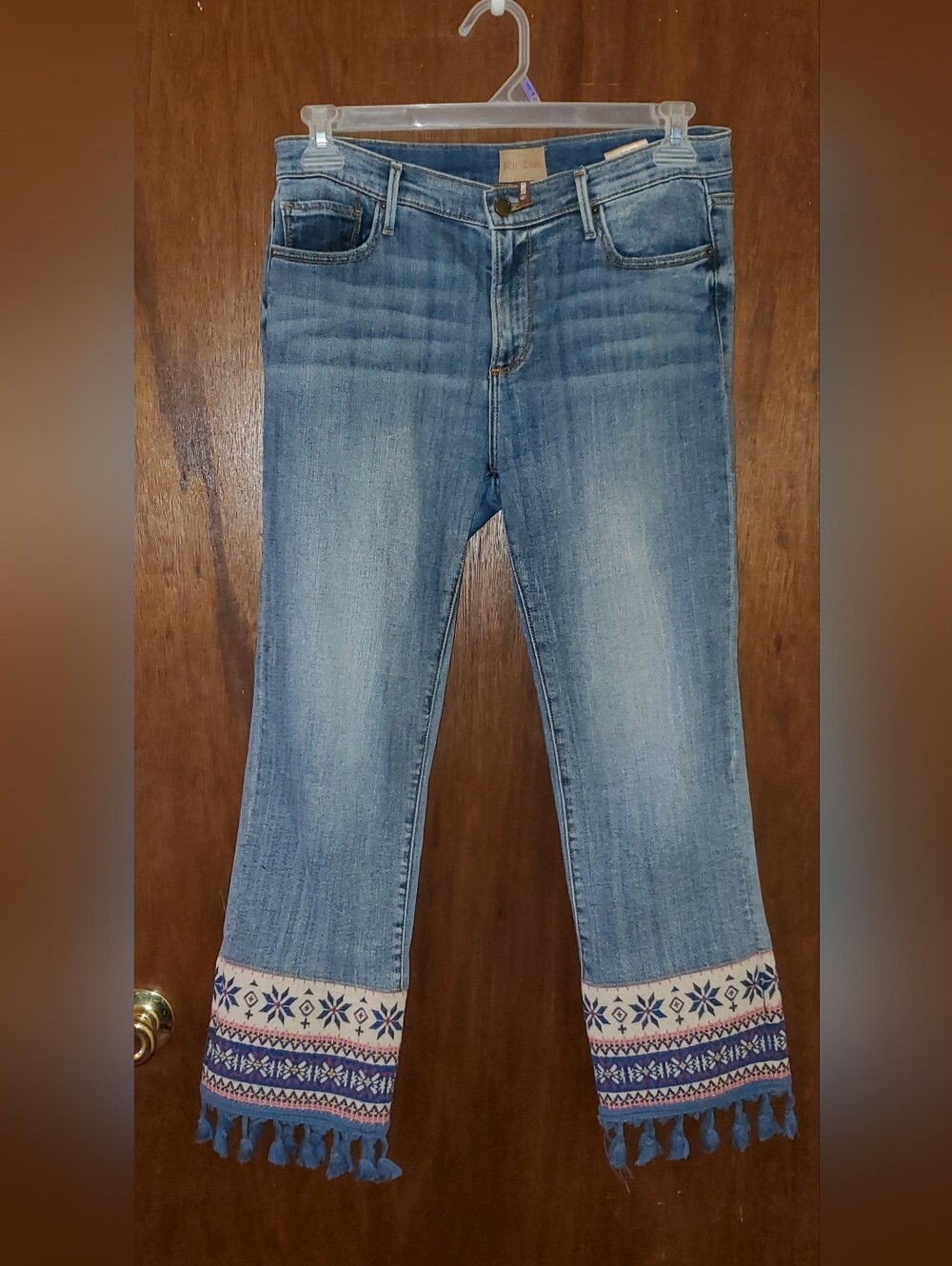 DRIFTWOOD Light Blue Embroidered Tassel Hem Crop Jeans Sz 30